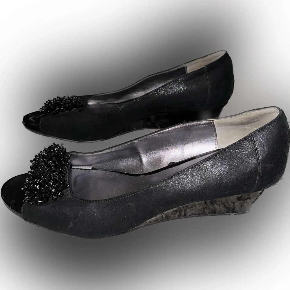 London Fog Black Embellished Demi Wedges